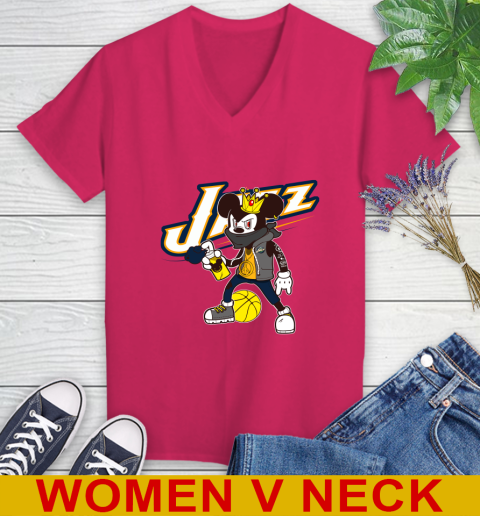 Utah Jazz NBA Basketball Mickey Peace Sign Sports Women's V-Neck T-Shirt 10