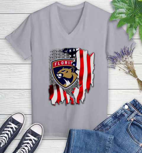 Florida Panthers NHL Hockey American Flag Women's V-Neck T-Shirt 4