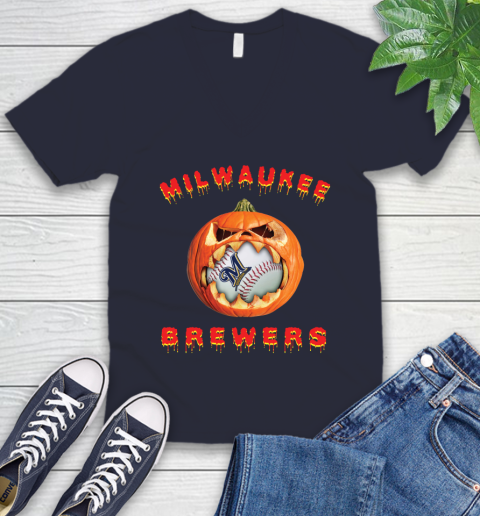 MLB Milwaukee Brewers Halloween Pumpkin Baseball Sports V-Neck T-Shirt 3