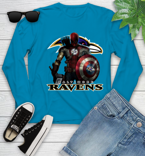 NFL Captain America Thor Spider Man Hawkeye Avengers Endgame Football Baltimore Ravens Youth Long Sleeve 7