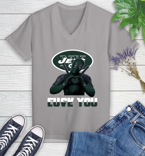 NHL New York Jets Deadpool Love You Fuck You Football Sports Women's V-Neck T-Shirt 4