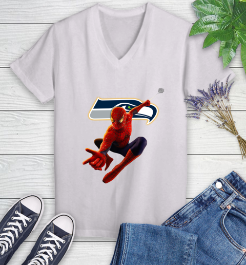 NFL Spider Man Avengers Endgame Football Seattle Seahawks Women's V-Neck T-Shirt
