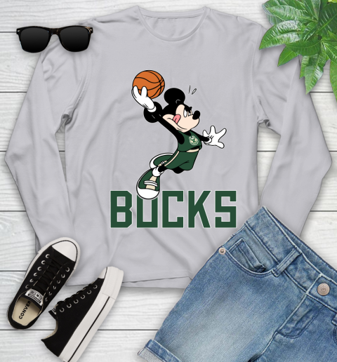 NBA Basketball Milwaukee Bucks Cheerful Mickey Mouse Shirt Youth Long Sleeve 5