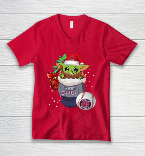 Los Angeles Angels Christmas Baby Yoda Star Wars Funny Happy MLB V-Neck T-Shirt 7