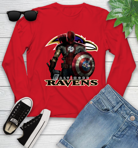 NFL Captain America Thor Spider Man Hawkeye Avengers Endgame Football Baltimore Ravens Youth Long Sleeve 11