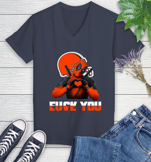 NHL Cleveland Browns Deadpool Love You Fuck You Football Sports Women's V-Neck T-Shirt 12