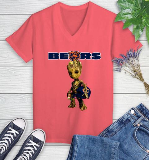 Chicago Bears NFL Football Groot Marvel Guardians Of The Galaxy Women's V-Neck T-Shirt 6
