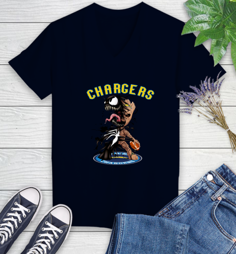 NFL San Diego Chargers Football Venom Groot Guardians Of The Galaxy Women's V-Neck T-Shirt 3