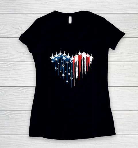 Retro Fighter Jet Airplane American Flag Heart 4th Of July Women's V-Neck T-Shirt