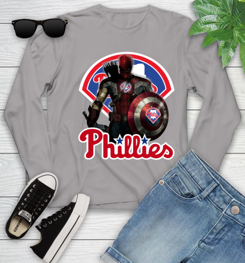 MLB Captain America Thor Spider Man Hawkeye Avengers Endgame Baseball Philadelphia Phillies Youth Long Sleeve 5