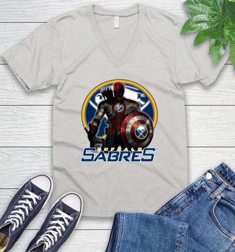 NHL Captain America Thor Spider Man Hawkeye Avengers Endgame Hockey Buffalo Sabres V-Neck T-Shirt