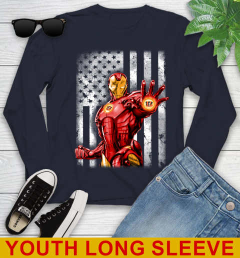 Cincinnati Bengals NFL Football Iron Man Avengers American Flag Shirt Youth Long Sleeve 2