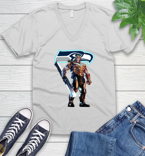 NFL Thanos Gauntlet Avengers Endgame Football Seattle Seahawks V-Neck T-Shirt
