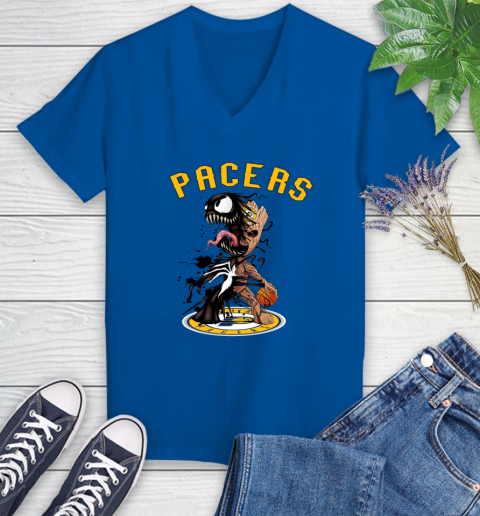 NBA Indiana Pacers Basketball Venom Groot Guardians Of The Galaxy Women's V-Neck T-Shirt 10