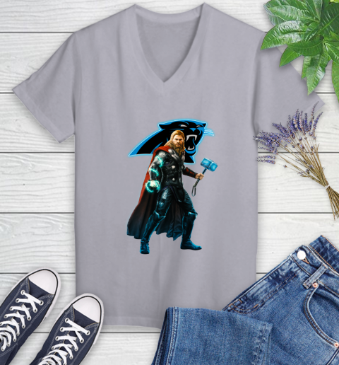 NFL Thor Avengers Endgame Football Carolina Panthers Women's V-Neck T-Shirt 4