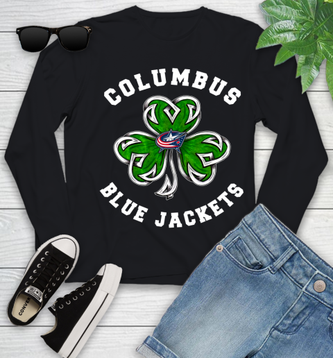 NHL Columbus Blue Jackets Three Leaf Clover St Patrick's Day Hockey Sports Youth Long Sleeve