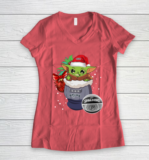 San Antonio Spurs Christmas Baby Yoda Star Wars Funny Happy NBA Women's V-Neck T-Shirt 6