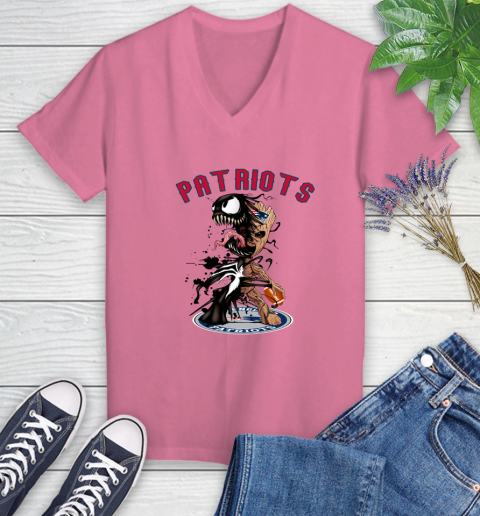 NFL New England Patriots Football Venom Groot Guardians Of The Galaxy Women's V-Neck T-Shirt 13