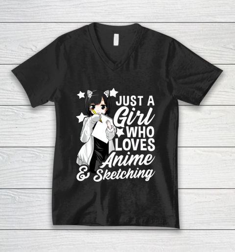 Anime Girl Just A Girl Who Loves Anime and Sketching Drawing V-Neck T-Shirt