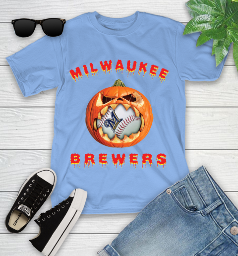MLB Milwaukee Brewers Halloween Pumpkin Baseball Sports Youth T-Shirt 11