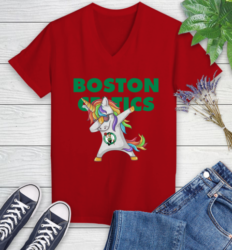 Boston Celtics NBA Basketball Funny Unicorn Dabbing Sports Women's V-Neck T-Shirt 12