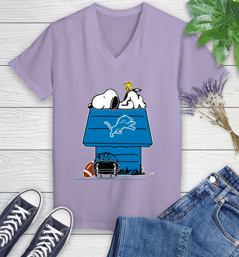 Detroit Lions NFL Football Snoopy Woodstock The Peanuts Movie Women's V-Neck T-Shirt 14