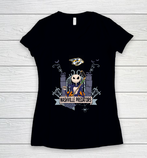 NHL Nashville Predators Hockey Jack Skellington Halloween Women's V-Neck T-Shirt