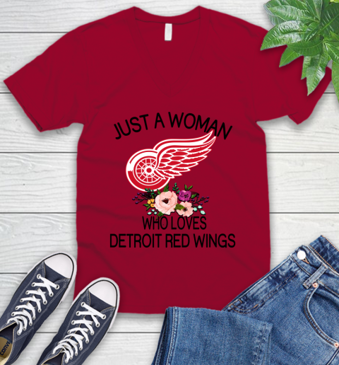 NHL Just A Woman Who Loves Detroit Red Wings Hockey Sports V-Neck T-Shirt 5