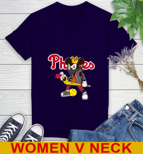 Philadelphia Phillies MLB Baseball Mickey Peace Sign Sports Women's V-Neck T-Shirt 4