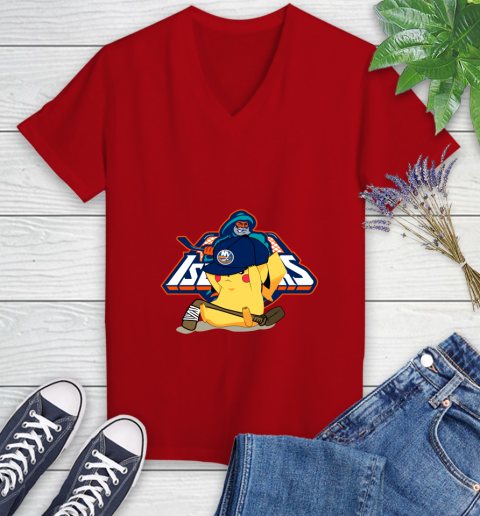 NHL Pikachu Hockey Sports New York Islanders Women's V-Neck T-Shirt 12