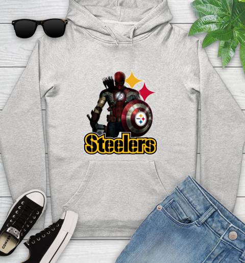 NFL Captain America Thor Spider Man Hawkeye Avengers Endgame Football Pittsburgh Steelers Youth Hoodie