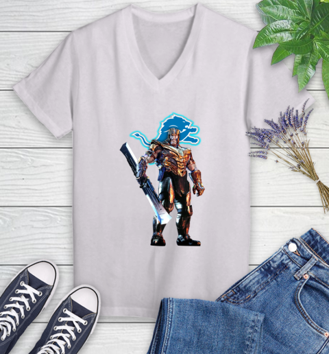 NFL Thanos Gauntlet Avengers Endgame Football Detroit Lions Women's V-Neck T-Shirt