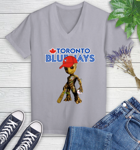 MLB Toronto Blue Jays Groot Guardians Of The Galaxy Baseball Women's V-Neck T-Shirt 4