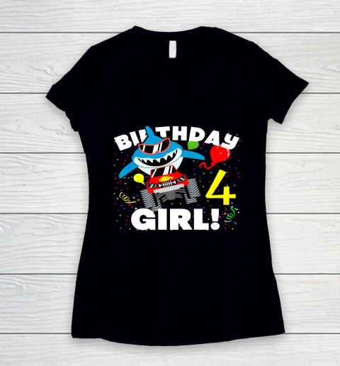 Kids 4 Year Old 4th Shark Monster Truck Birthday Party For Girls Women's V-Neck T-Shirt