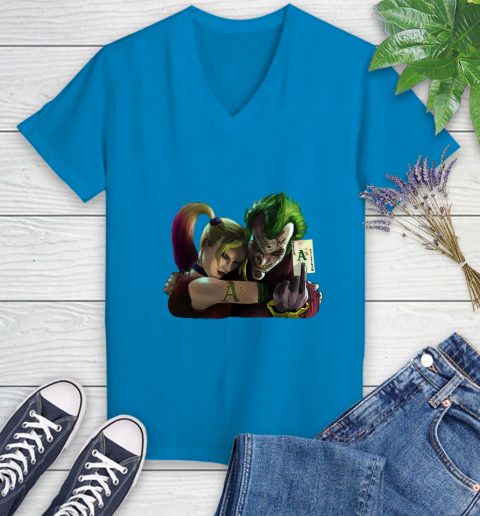 Oakland Athletics MLB Baseball Joker Harley Quinn Suicide Squad Women's V-Neck T-Shirt 7