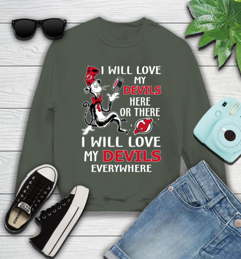 NHL Hockey New Jersey Devils I Will Love My Devils Everywhere Dr Seuss Shirt Youth Sweatshirt 7