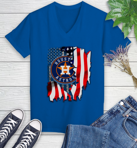 Houston Astros MLB Baseball American Flag Women's V-Neck T-Shirt 10