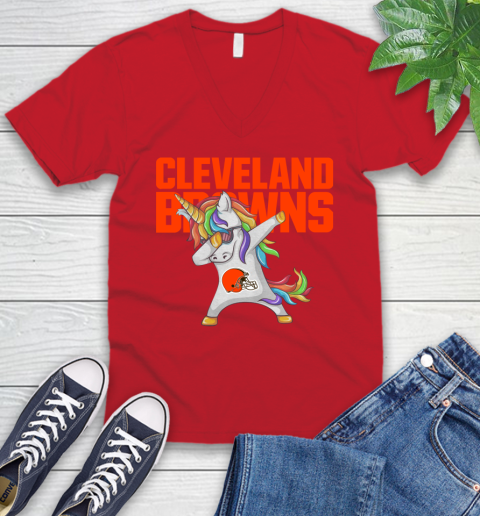 Cleveland Browns NFL Football Funny Unicorn Dabbing Sports V-Neck T-Shirt 7