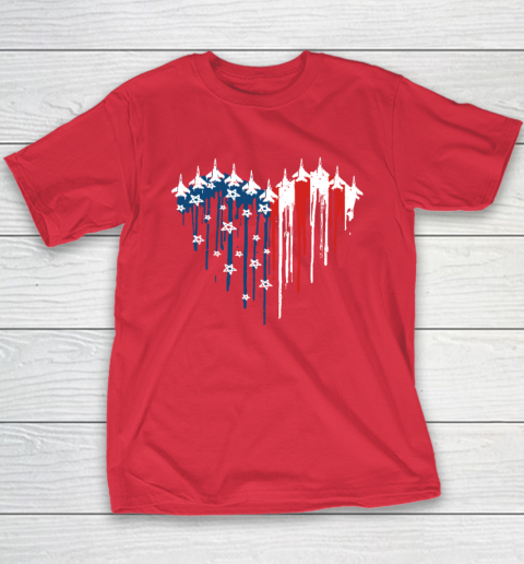 Retro Fighter Jet Airplane American Flag Heart 4th Of July Youth T-Shirt 7