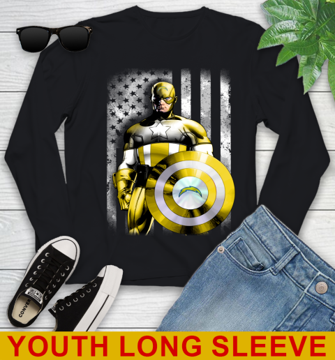 Los Angeles Chargers NFL Football Captain America Marvel Avengers American Flag Shirt Youth Long Sleeve