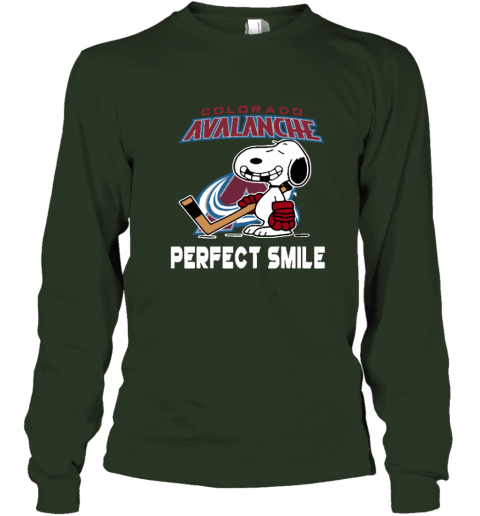 t9qv colorado avalanche snoopy perfect smile the peanuts long sleeve tee 14 front forest green