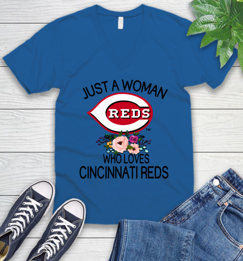 MLB Just A Woman Who Loves Cincinnati Reds Baseball Sports V-Neck T-Shirt 3