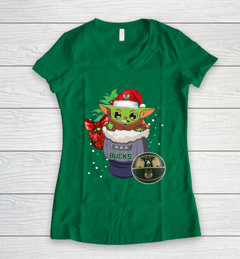 Milwaukee Bucks Christmas Baby Yoda Star Wars Funny Happy NBA Women's V-Neck T-Shirt 5