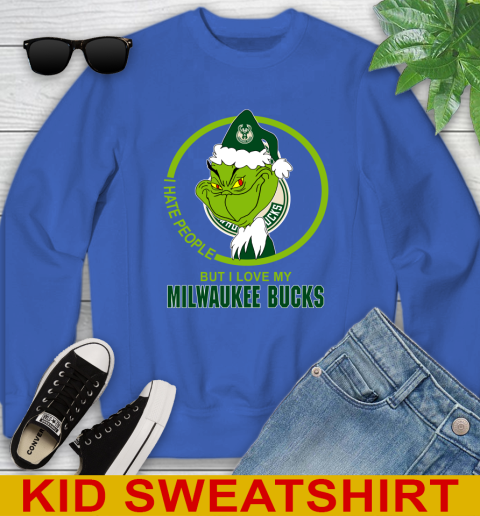 Milwaukee Bucks NBA Christmas Grinch I Hate People But I Love My Favorite Basketball Team Youth Sweatshirt 7