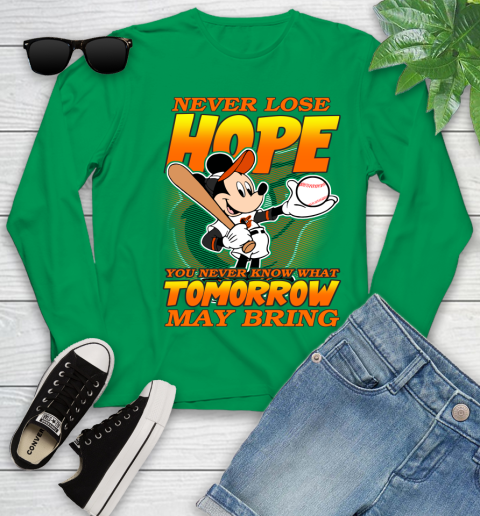 Baltimore Orioles MLB Baseball Mickey Disney Never Lose Hope Youth Long Sleeve 7