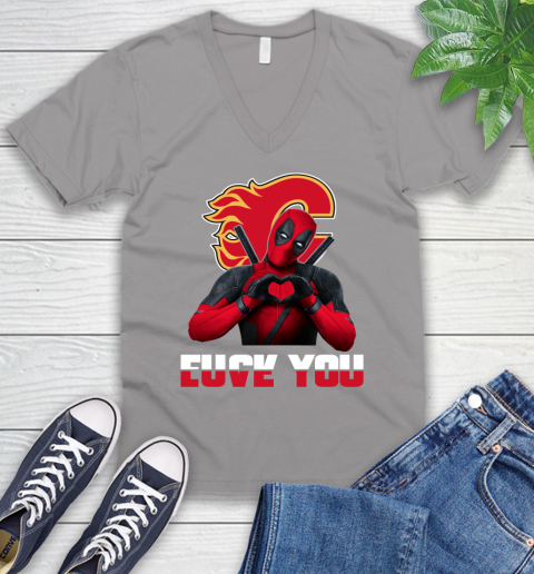 NHL Calgary Flames Deadpool Love You Fuck You Hockey Sports V-Neck T-Shirt 3
