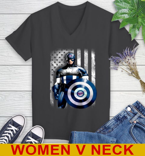 Minnesota Twins MLB Baseball Captain America Marvel Avengers American Flag Shirt Women's V-Neck T-Shirt 8