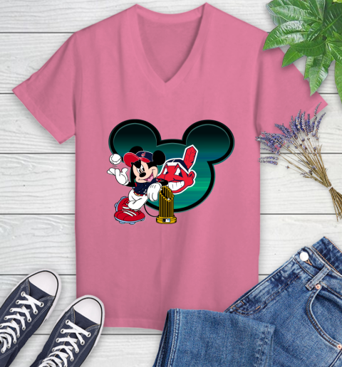 MLB Cleveland Indians The Commissioner's Trophy Mickey Mouse Disney Women's V-Neck T-Shirt 13