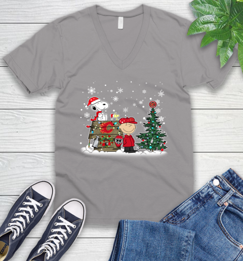 NHL Calgary Flames Snoopy Charlie Brown Woodstock Christmas Stanley Cup Hockey V-Neck T-Shirt 3
