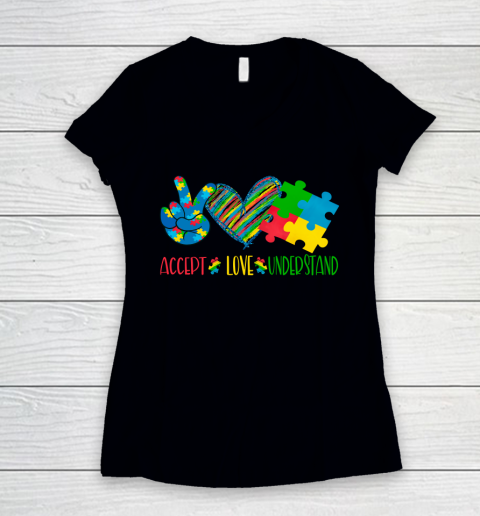 Autism Awareness Peace Love Autism Women's V-Neck T-Shirt